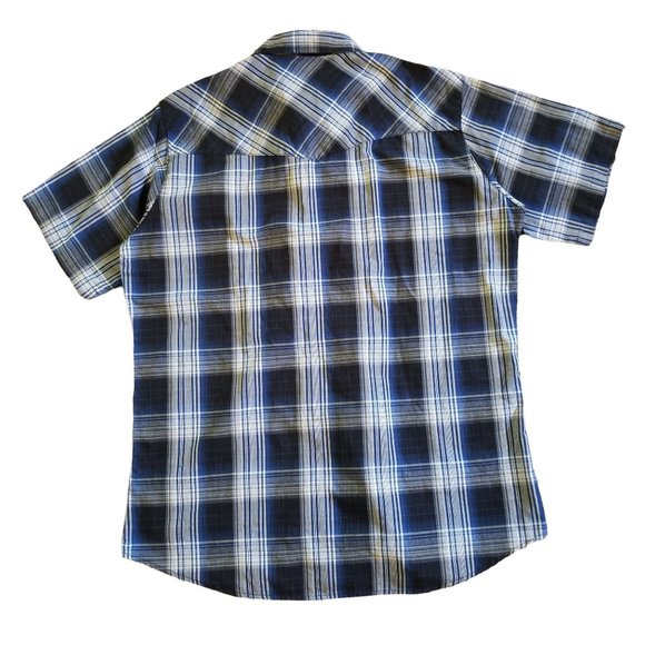 Work N Sport Large Western Shirt Blue Plaid Pearl Snaps Short Sleeve - Picture 3 of 5